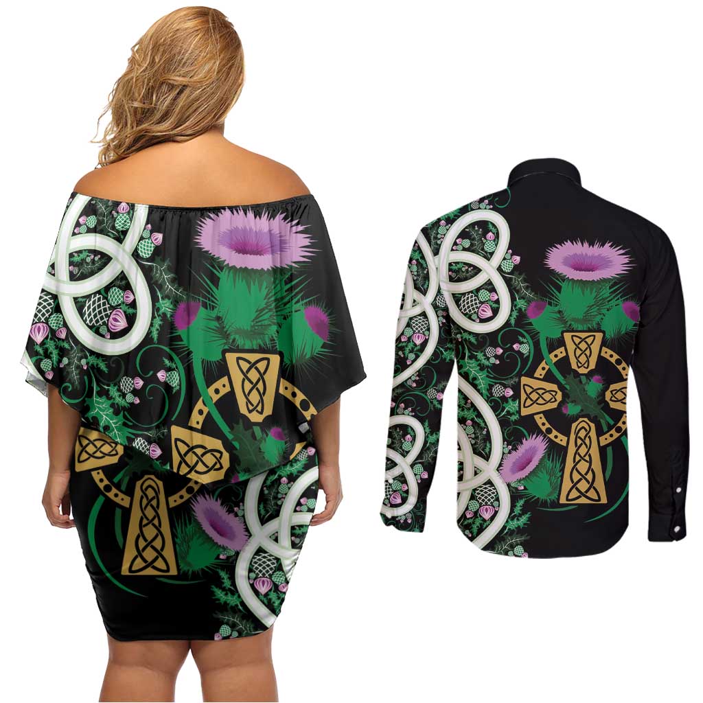 Scottish Celtic Cross Thistle Flowers Couples Matching Off Shoulder Short Dress and Long Sleeve Button Shirt