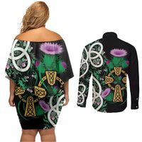 Scottish Celtic Cross Thistle Flowers Couples Matching Off Shoulder Short Dress and Long Sleeve Button Shirt