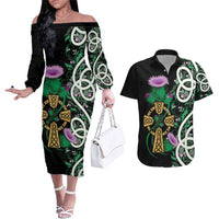 Scottish Celtic Cross Thistle Flowers Couples Matching Off The Shoulder Long Sleeve Dress and Hawaiian Shirt