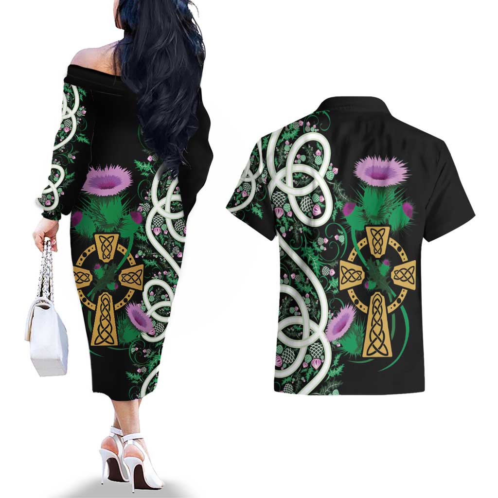 Scottish Celtic Cross Thistle Flowers Couples Matching Off The Shoulder Long Sleeve Dress and Hawaiian Shirt