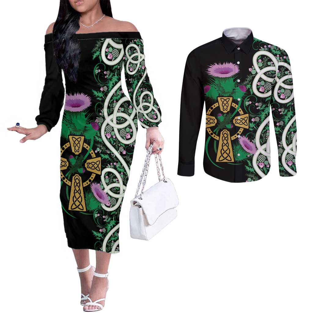 Scottish Celtic Cross Thistle Flowers Couples Matching Off The Shoulder Long Sleeve Dress and Long Sleeve Button Shirt
