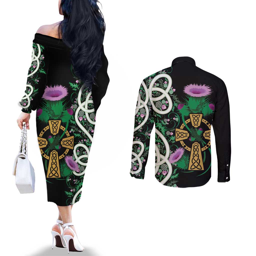 Scottish Celtic Cross Thistle Flowers Couples Matching Off The Shoulder Long Sleeve Dress and Long Sleeve Button Shirt