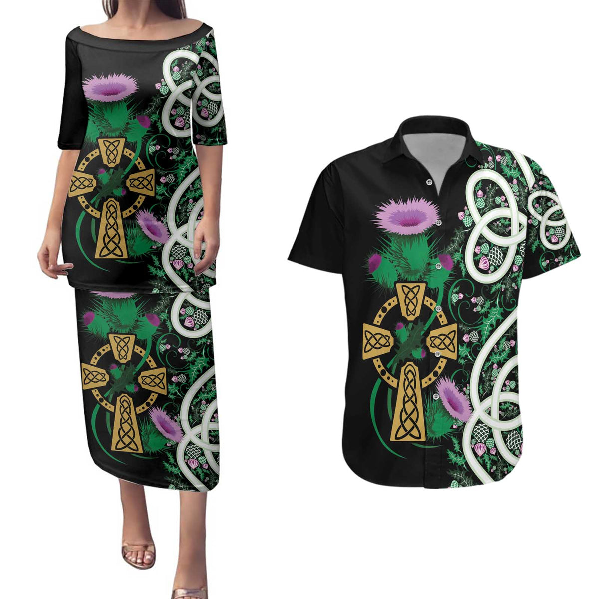Scottish Celtic Cross Thistle Flowers Couples Matching Puletasi and Hawaiian Shirt