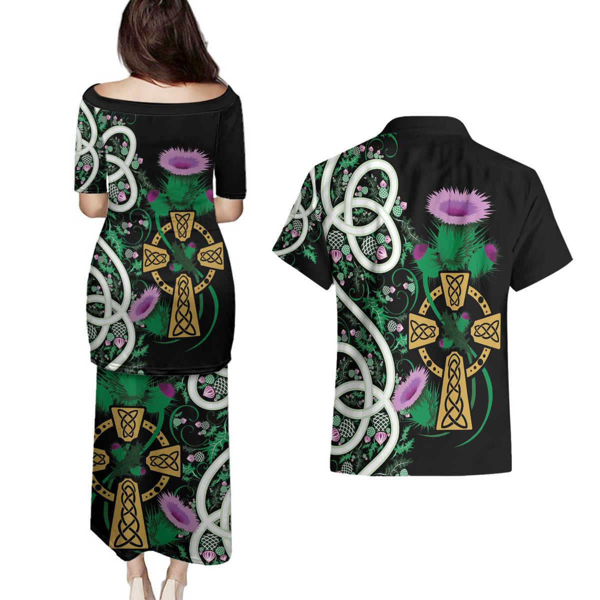 Scottish Celtic Cross Thistle Flowers Couples Matching Puletasi and Hawaiian Shirt