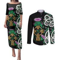 Scottish Celtic Cross Thistle Flowers Couples Matching Puletasi and Long Sleeve Button Shirt