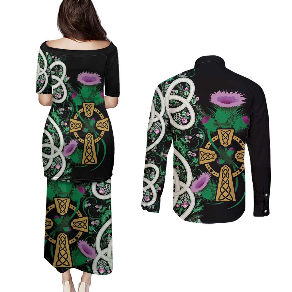 Scottish Celtic Cross Thistle Flowers Couples Matching Puletasi and Long Sleeve Button Shirt