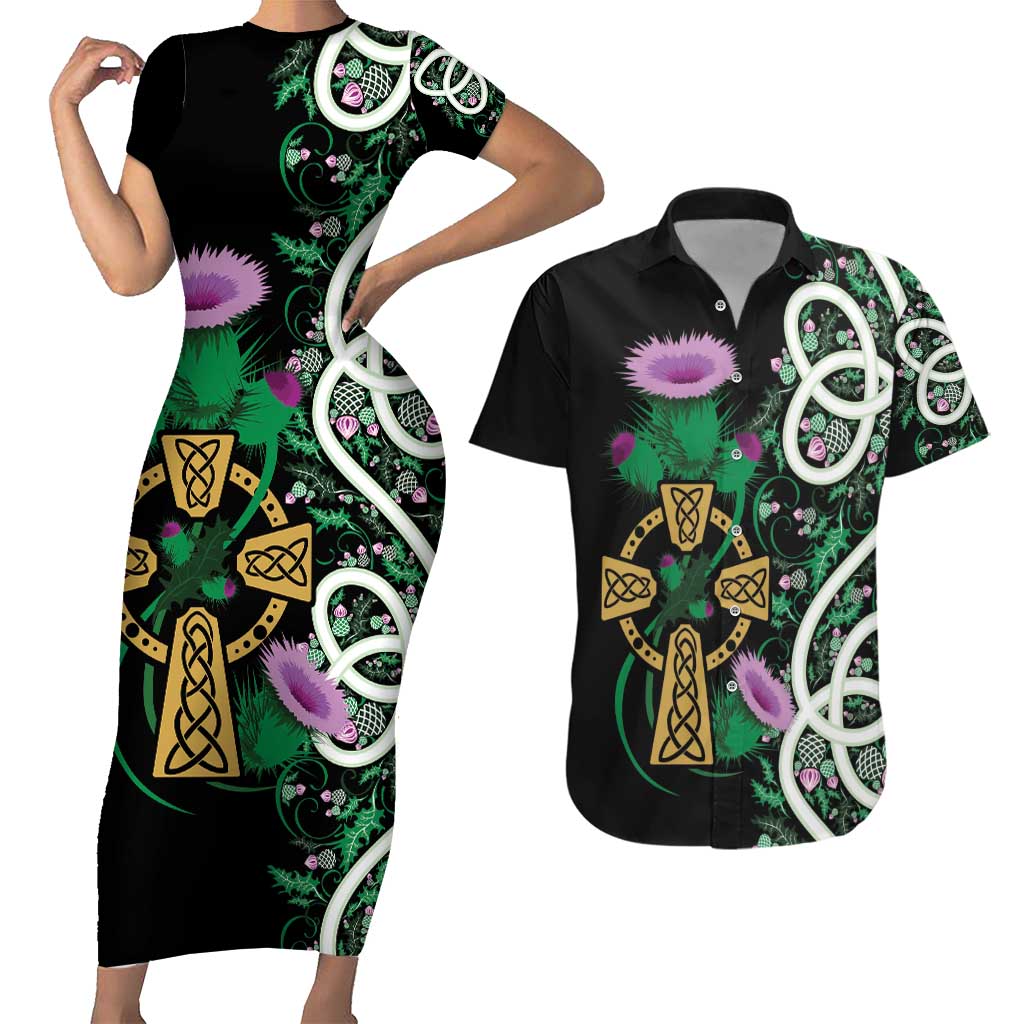 Scottish Celtic Cross Thistle Flowers Couples Matching Short Sleeve Bodycon Dress and Hawaiian Shirt