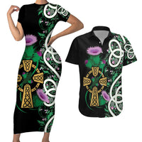 Scottish Celtic Cross Thistle Flowers Couples Matching Short Sleeve Bodycon Dress and Hawaiian Shirt