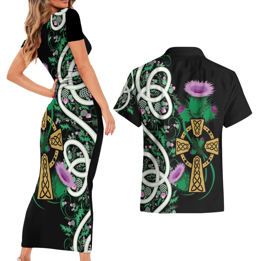 Scottish Celtic Cross Thistle Flowers Couples Matching Short Sleeve Bodycon Dress and Hawaiian Shirt