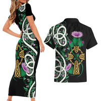 Scottish Celtic Cross Thistle Flowers Couples Matching Short Sleeve Bodycon Dress and Hawaiian Shirt