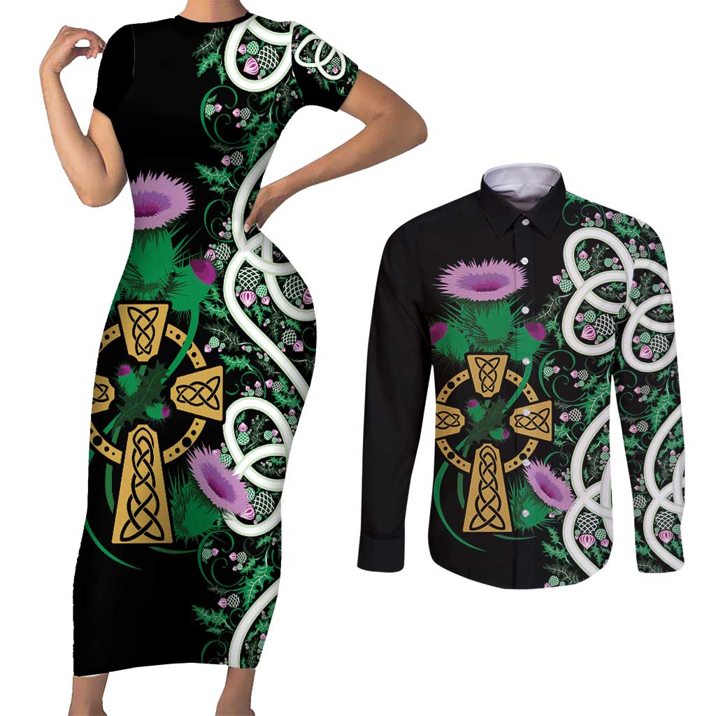 Scottish Celtic Cross Thistle Flowers Couples Matching Short Sleeve Bodycon Dress and Long Sleeve Button Shirt