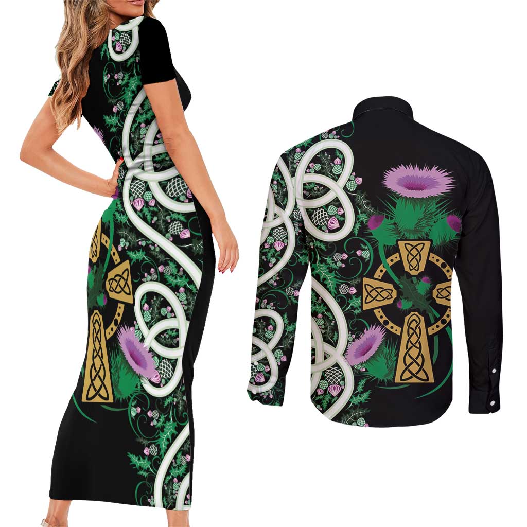 Scottish Celtic Cross Thistle Flowers Couples Matching Short Sleeve Bodycon Dress and Long Sleeve Button Shirt