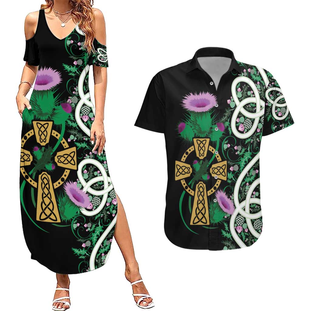 Scottish Celtic Cross Thistle Flowers Couples Matching Summer Maxi Dress and Hawaiian Shirt