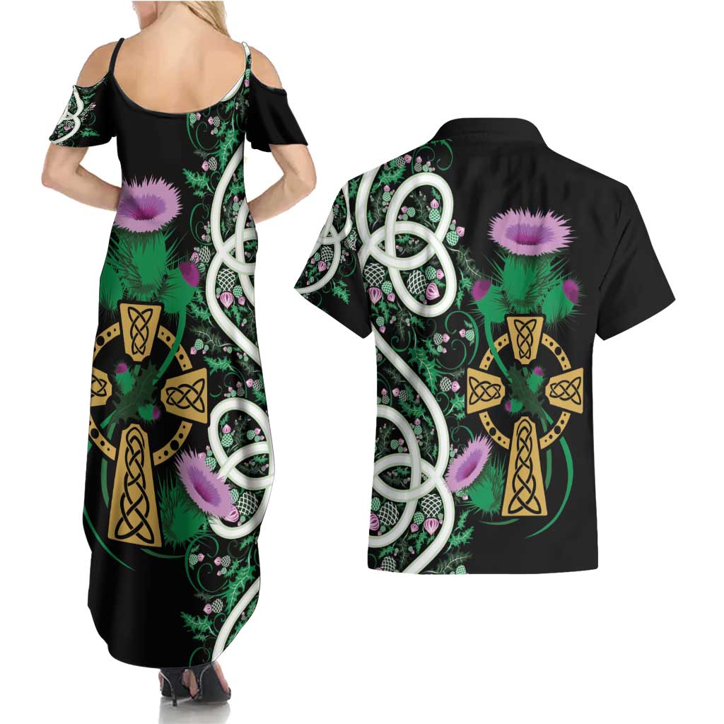 Scottish Celtic Cross Thistle Flowers Couples Matching Summer Maxi Dress and Hawaiian Shirt