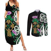 Scottish Celtic Cross Thistle Flowers Couples Matching Summer Maxi Dress and Long Sleeve Button Shirt