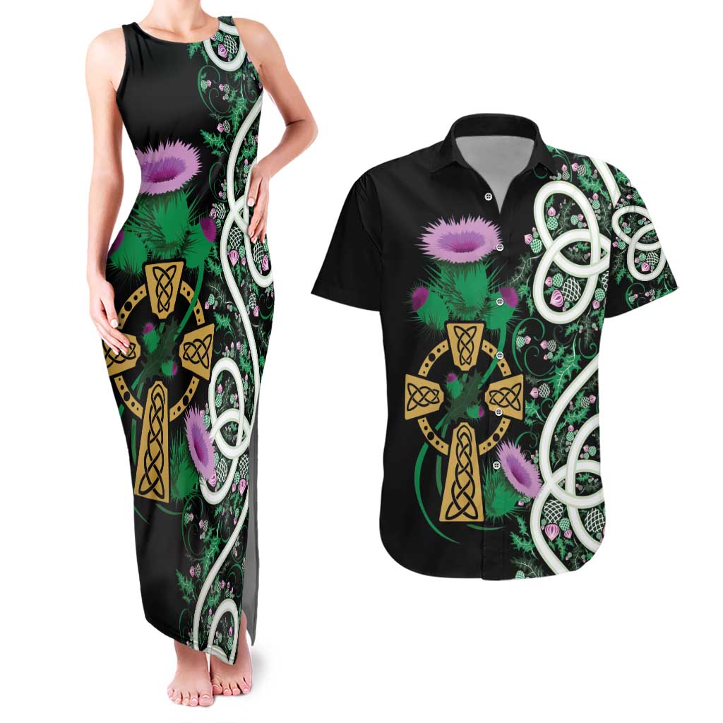 Scottish Celtic Cross Thistle Flowers Couples Matching Tank Maxi Dress and Hawaiian Shirt