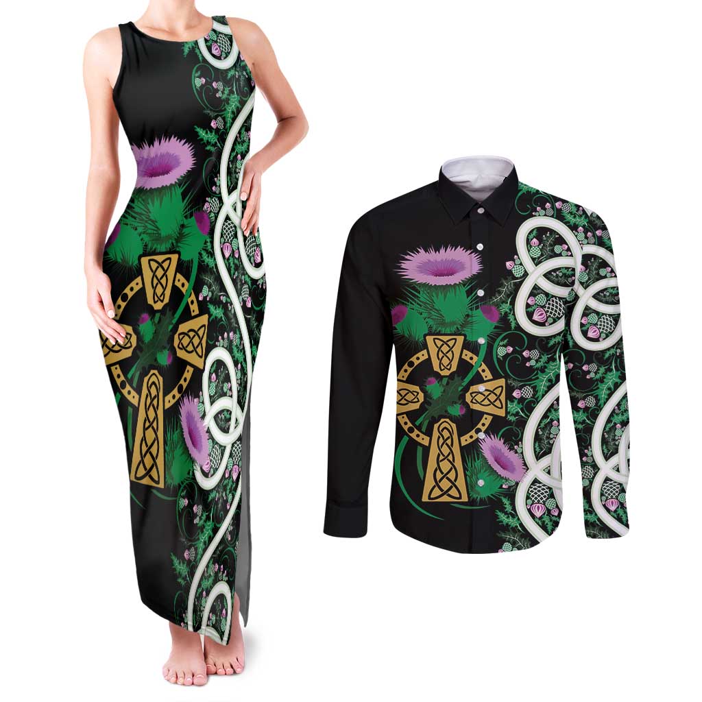 Scottish Celtic Cross Thistle Flowers Couples Matching Tank Maxi Dress and Long Sleeve Button Shirt