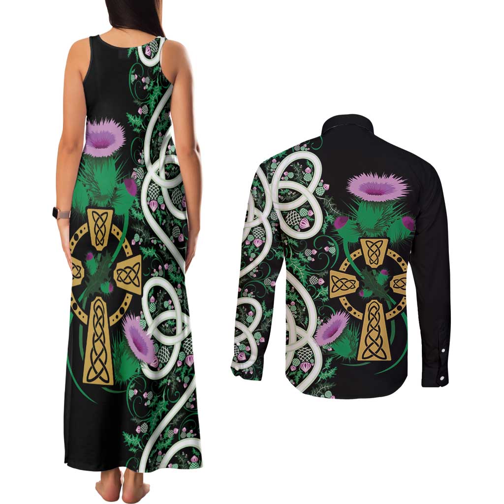 Scottish Celtic Cross Thistle Flowers Couples Matching Tank Maxi Dress and Long Sleeve Button Shirt