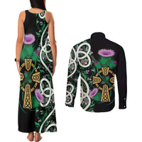 Scottish Celtic Cross Thistle Flowers Couples Matching Tank Maxi Dress and Long Sleeve Button Shirt
