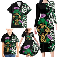 Scottish Celtic Cross Thistle Flowers Family Matching Long Sleeve Bodycon Dress and Hawaiian Shirt