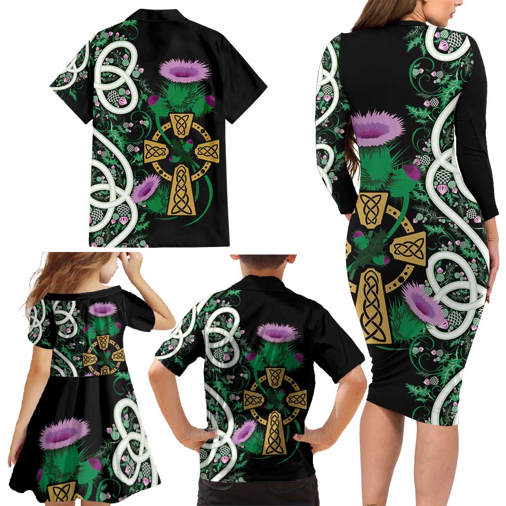 Scottish Celtic Cross Thistle Flowers Family Matching Long Sleeve Bodycon Dress and Hawaiian Shirt