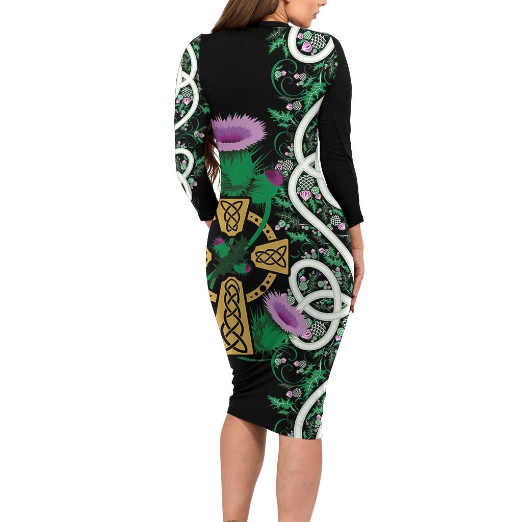 Scottish Celtic Cross Thistle Flowers Family Matching Long Sleeve Bodycon Dress and Hawaiian Shirt