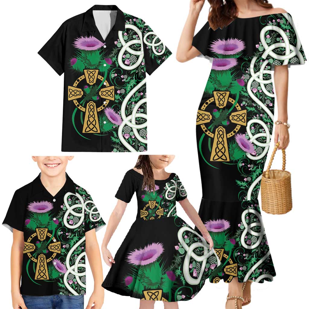 Scottish Celtic Cross Thistle Flowers Family Matching Mermaid Dress and Hawaiian Shirt