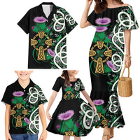 Scottish Celtic Cross Thistle Flowers Family Matching Mermaid Dress and Hawaiian Shirt