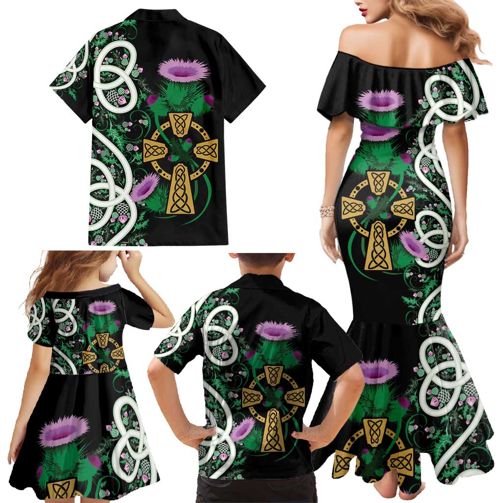 Scottish Celtic Cross Thistle Flowers Family Matching Mermaid Dress and Hawaiian Shirt