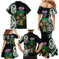 Scottish Celtic Cross Thistle Flowers Family Matching Mermaid Dress and Hawaiian Shirt