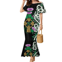 Scottish Celtic Cross Thistle Flowers Family Matching Mermaid Dress and Hawaiian Shirt