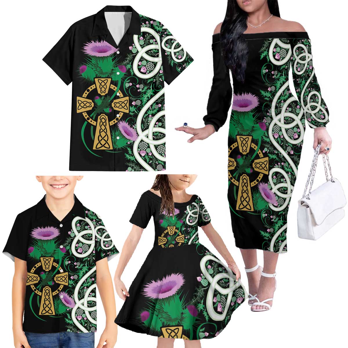 Scottish Celtic Cross Thistle Flowers Family Matching Off The Shoulder Long Sleeve Dress and Hawaiian Shirt