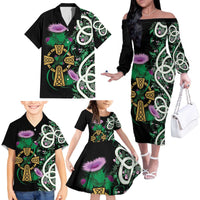 Scottish Celtic Cross Thistle Flowers Family Matching Off The Shoulder Long Sleeve Dress and Hawaiian Shirt