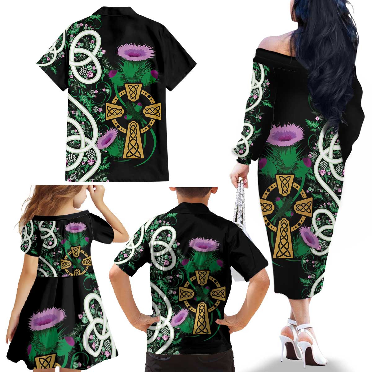 Scottish Celtic Cross Thistle Flowers Family Matching Off The Shoulder Long Sleeve Dress and Hawaiian Shirt