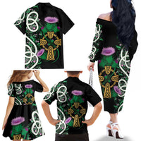 Scottish Celtic Cross Thistle Flowers Family Matching Off The Shoulder Long Sleeve Dress and Hawaiian Shirt