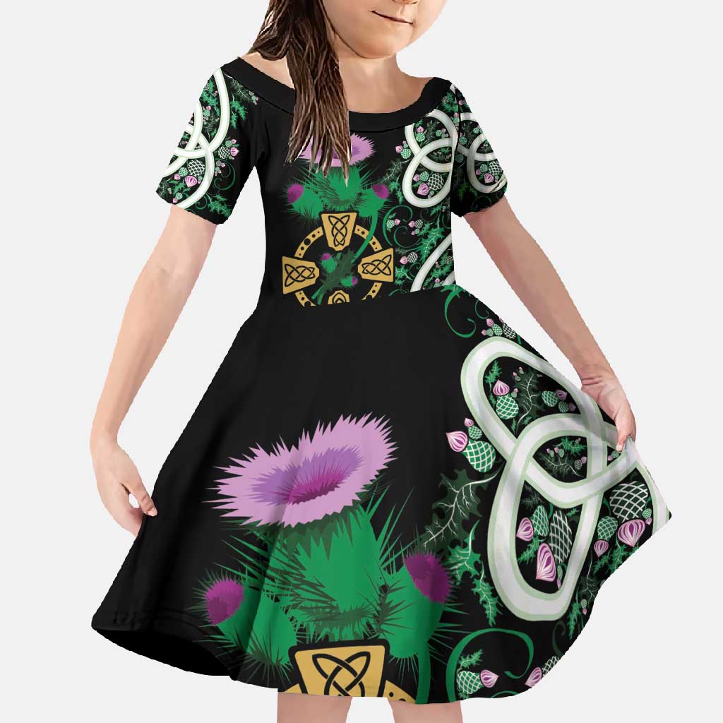 Scottish Celtic Cross Thistle Flowers Family Matching Off Shoulder Maxi Dress and Hawaiian Shirt