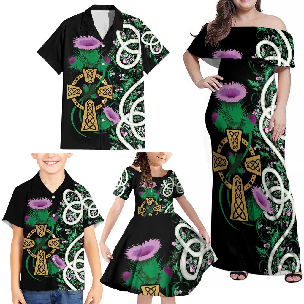 Scottish Celtic Cross Thistle Flowers Family Matching Off Shoulder Maxi Dress and Hawaiian Shirt