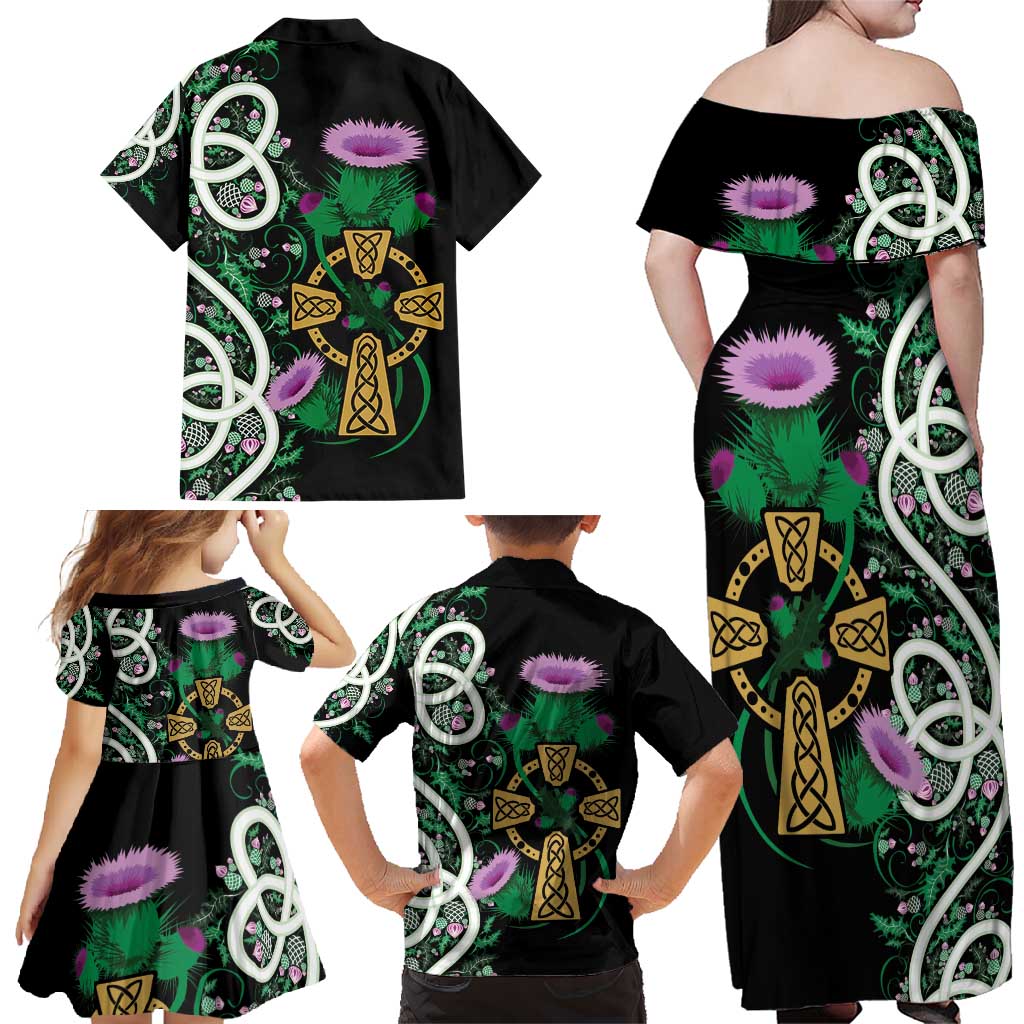 Scottish Celtic Cross Thistle Flowers Family Matching Off Shoulder Maxi Dress and Hawaiian Shirt