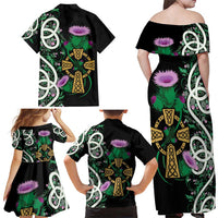 Scottish Celtic Cross Thistle Flowers Family Matching Off Shoulder Maxi Dress and Hawaiian Shirt