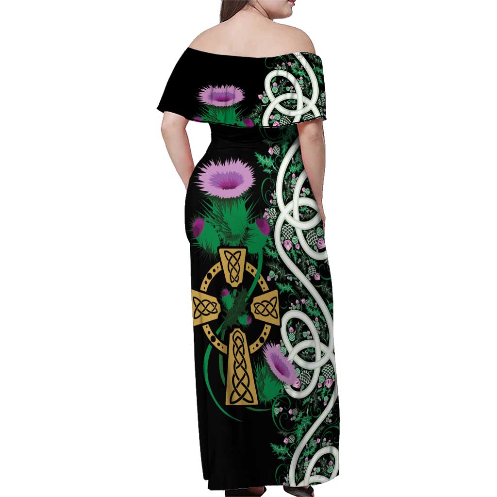 Scottish Celtic Cross Thistle Flowers Family Matching Off Shoulder Maxi Dress and Hawaiian Shirt