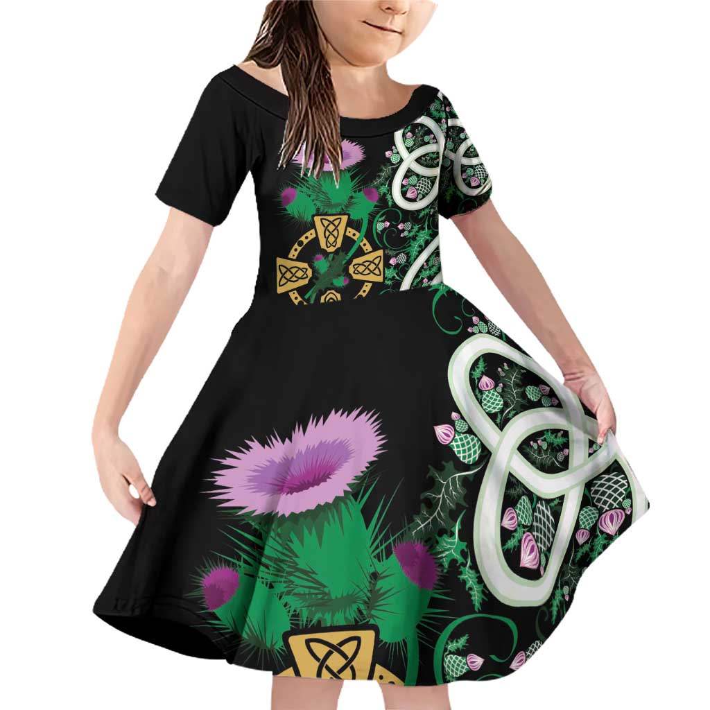 Scottish Celtic Cross Thistle Flowers Family Matching Off Shoulder Short Dress and Hawaiian Shirt