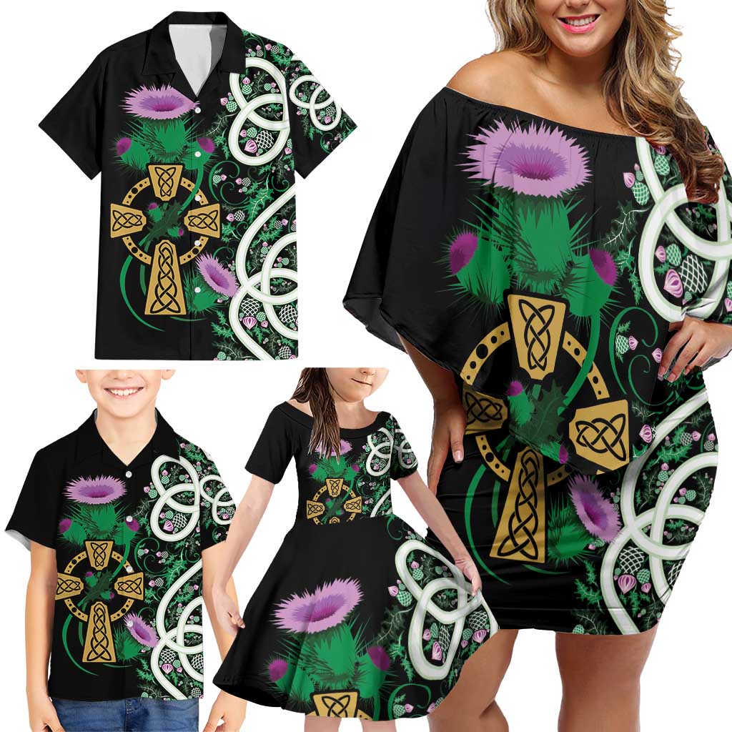 Scottish Celtic Cross Thistle Flowers Family Matching Off Shoulder Short Dress and Hawaiian Shirt