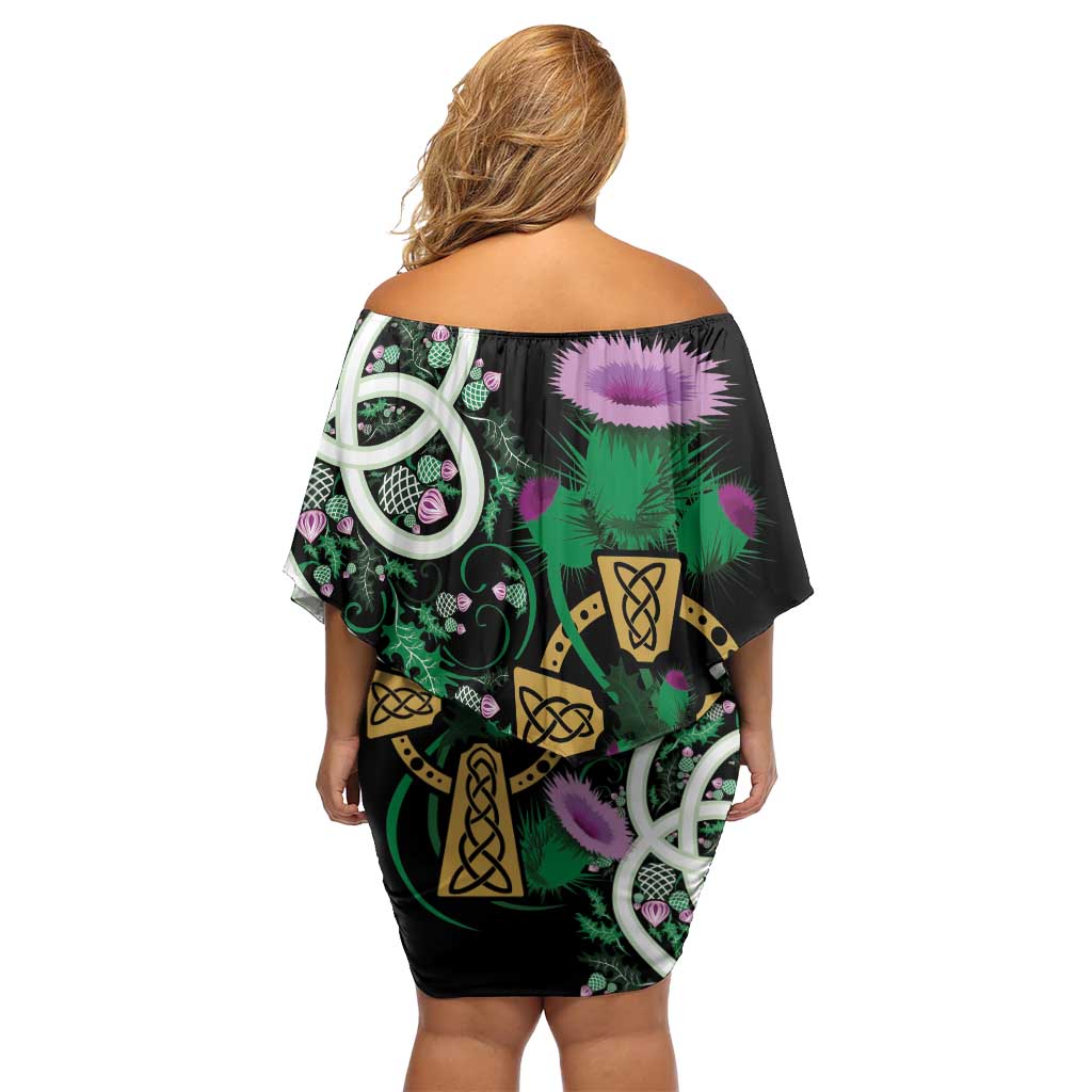 Scottish Celtic Cross Thistle Flowers Family Matching Off Shoulder Short Dress and Hawaiian Shirt