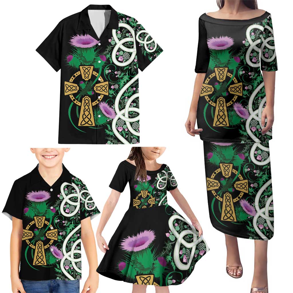 Scottish Celtic Cross Thistle Flowers Family Matching Puletasi and Hawaiian Shirt