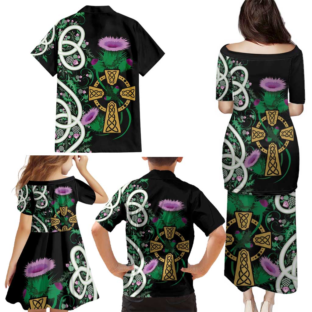 Scottish Celtic Cross Thistle Flowers Family Matching Puletasi and Hawaiian Shirt