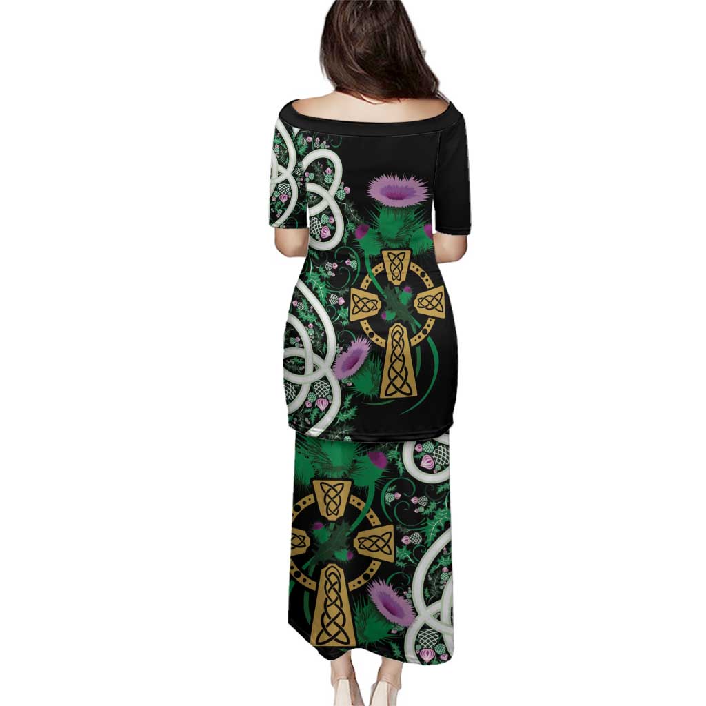 Scottish Celtic Cross Thistle Flowers Family Matching Puletasi and Hawaiian Shirt