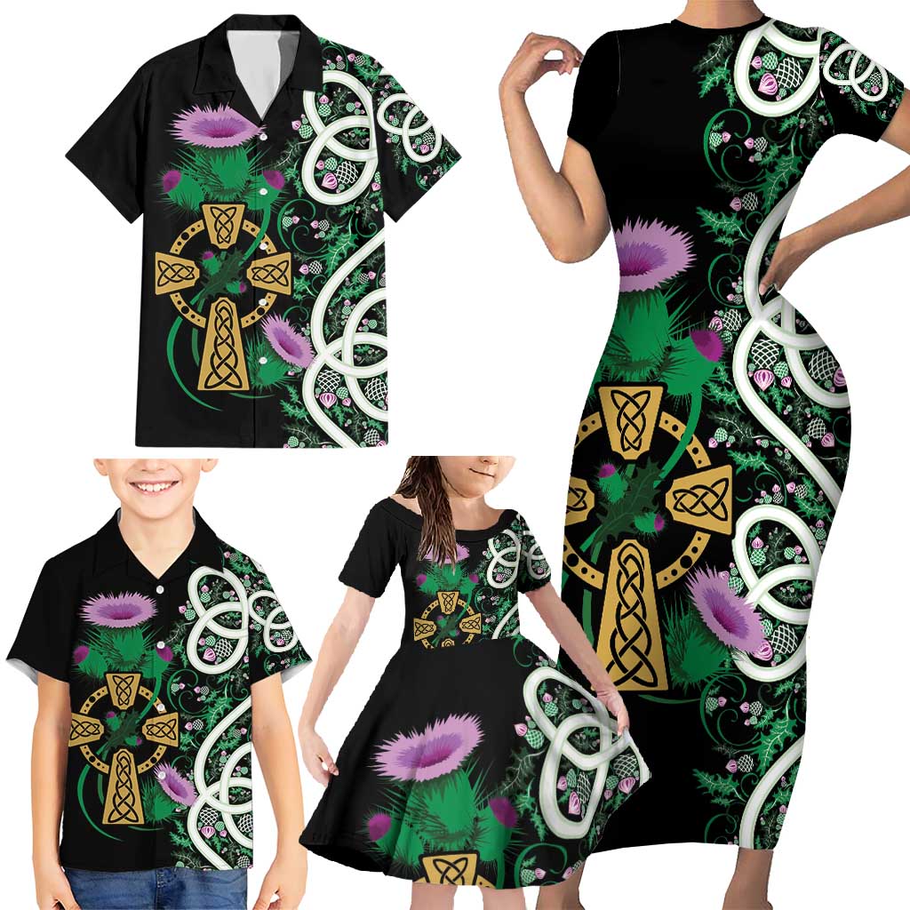 Scottish Celtic Cross Thistle Flowers Family Matching Short Sleeve Bodycon Dress and Hawaiian Shirt