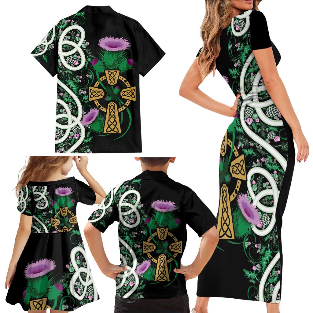 Scottish Celtic Cross Thistle Flowers Family Matching Short Sleeve Bodycon Dress and Hawaiian Shirt