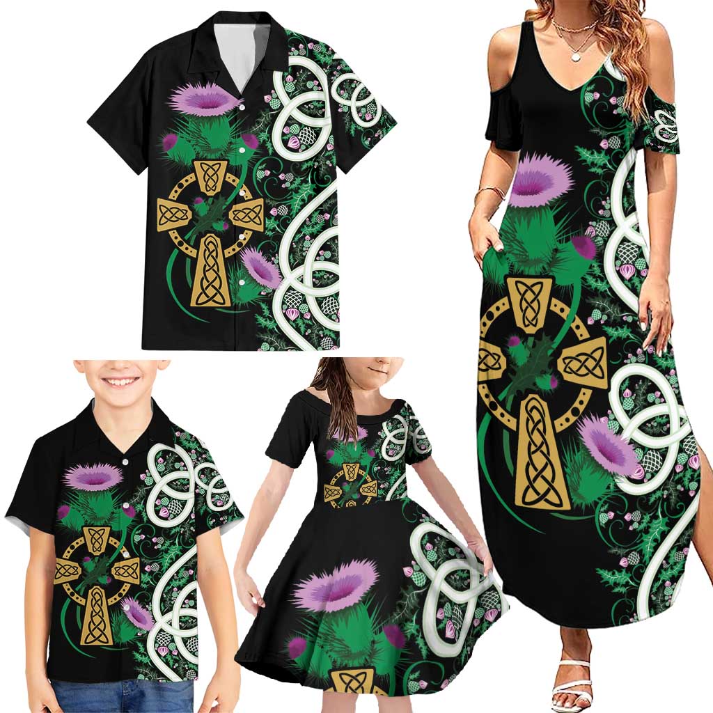 Scottish Celtic Cross Thistle Flowers Family Matching Summer Maxi Dress and Hawaiian Shirt