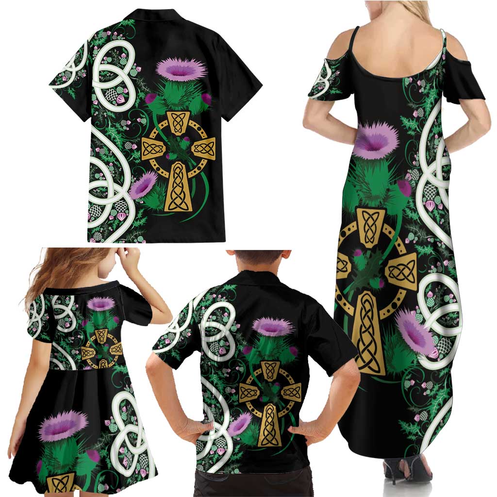 Scottish Celtic Cross Thistle Flowers Family Matching Summer Maxi Dress and Hawaiian Shirt